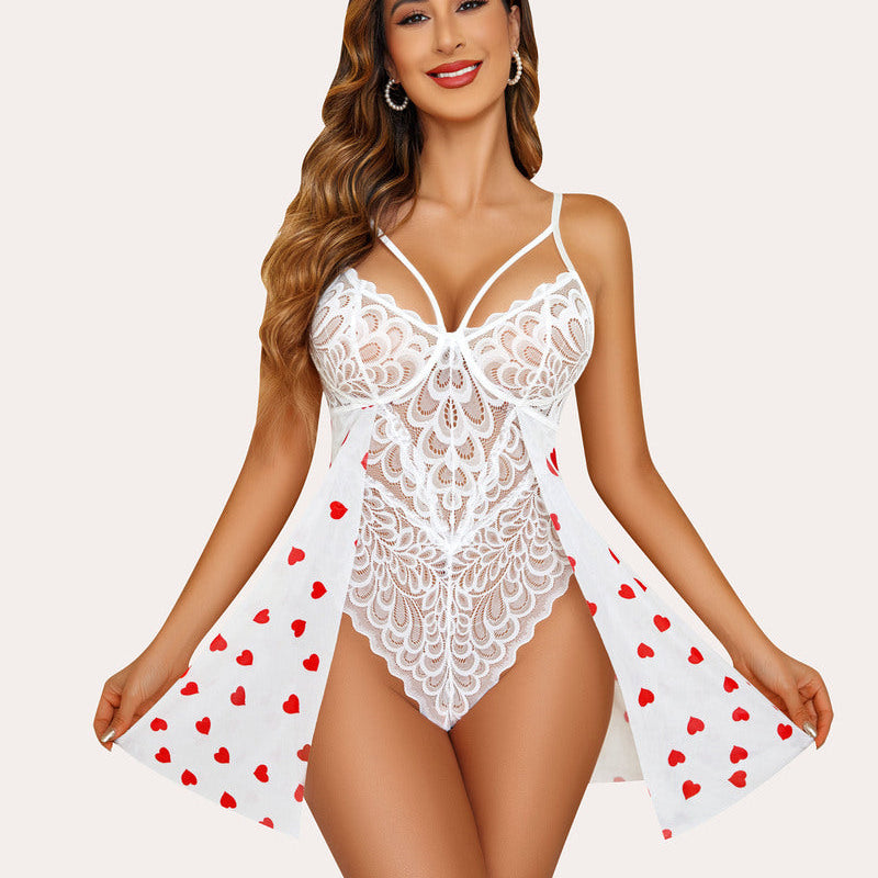 White lace teddy babydoll with heart print, snap crotch lingerie, elegant and sexy for women