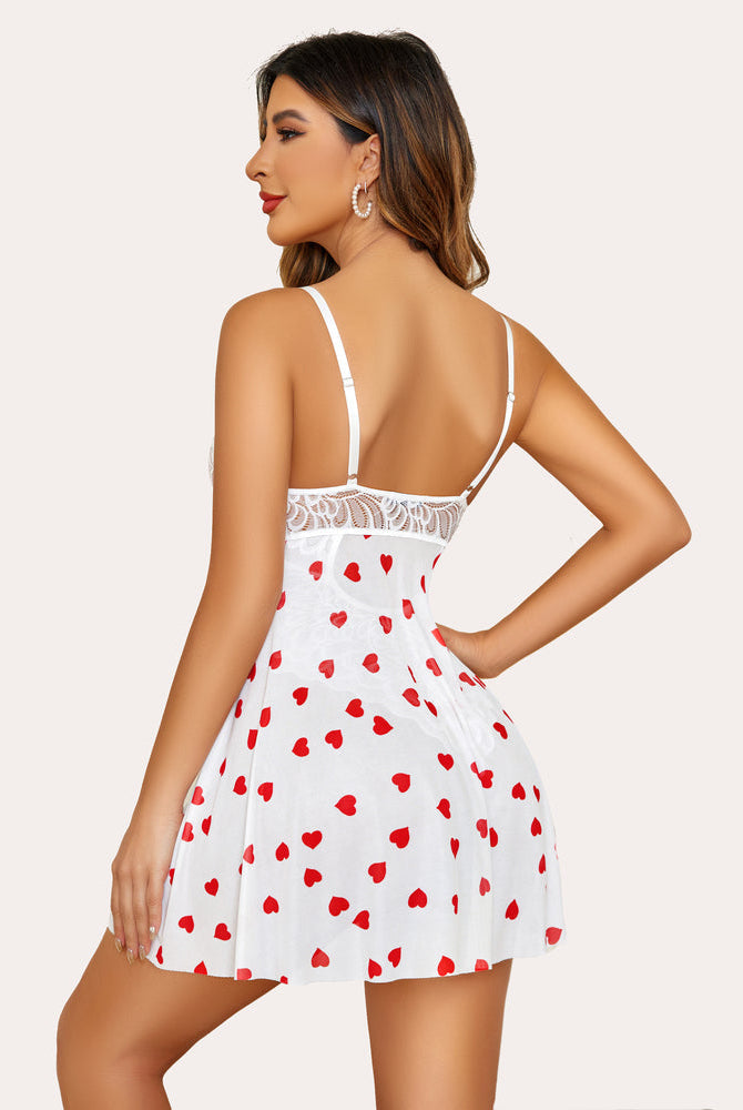 White heart print teddy babydoll lingerie with lace, adjustable straps and snap crotch for women
