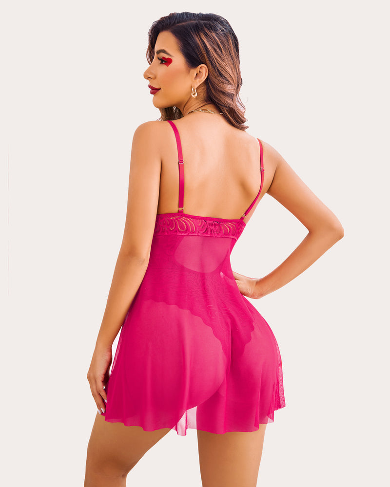 Fuchsia floral lace teddy babydoll nightie with adjustable straps; sexy lingerie for women