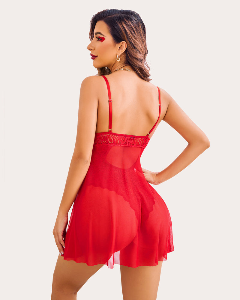 Red floral lace teddy nightie with adjustable straps; sexy lingerie babydoll for women