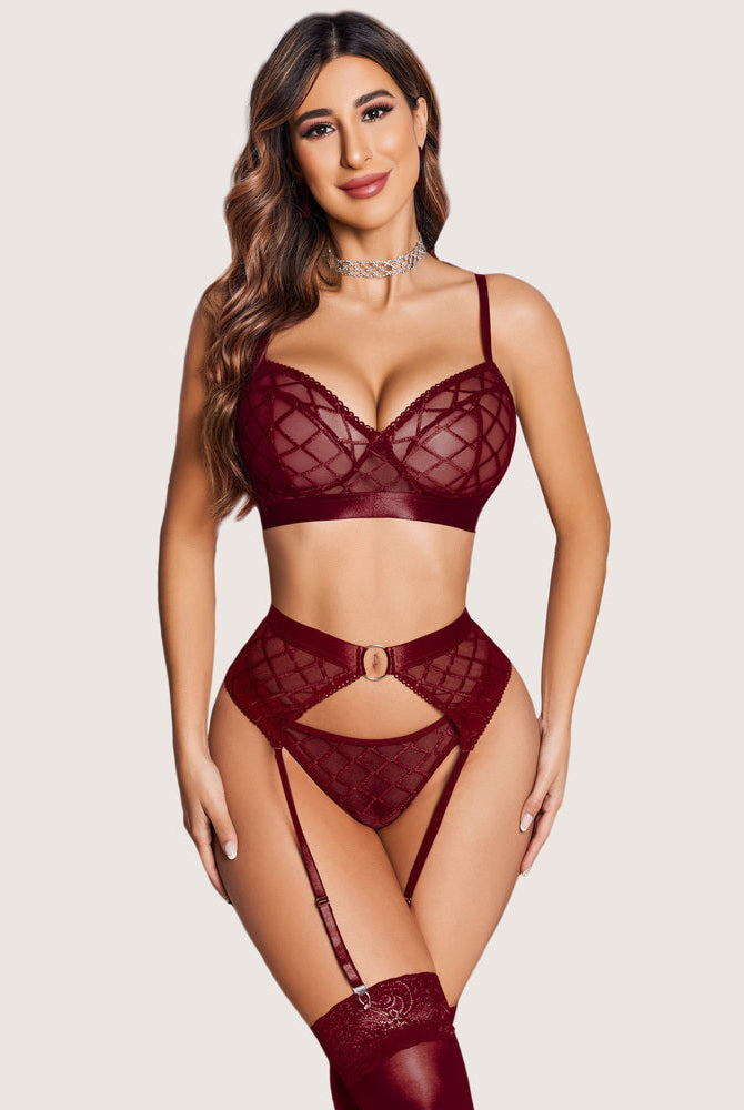 Sheer mesh bra and panty set with garter belt, dark red lattice pattern