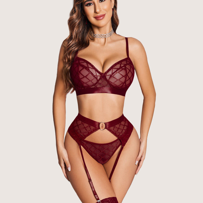 Sheer mesh bra and panty set with garter belt, dark red lattice pattern