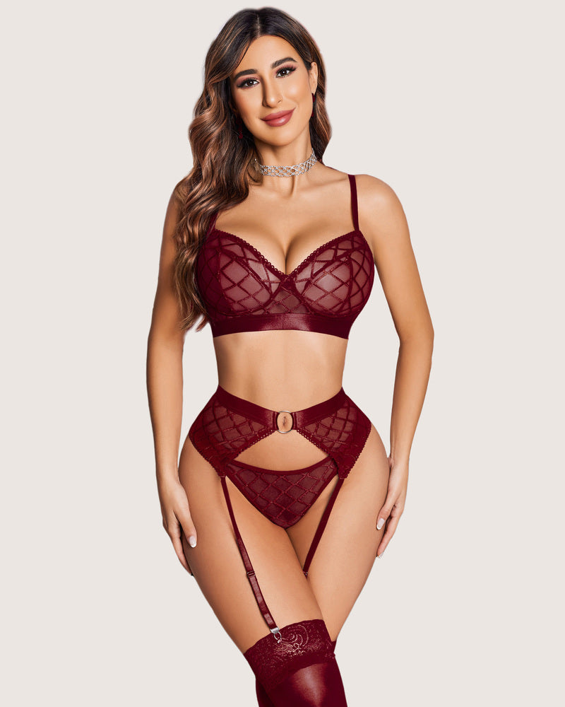 Burgundy sheer mesh garter lingerie set. Sexy and comfortable design for special occasions.
