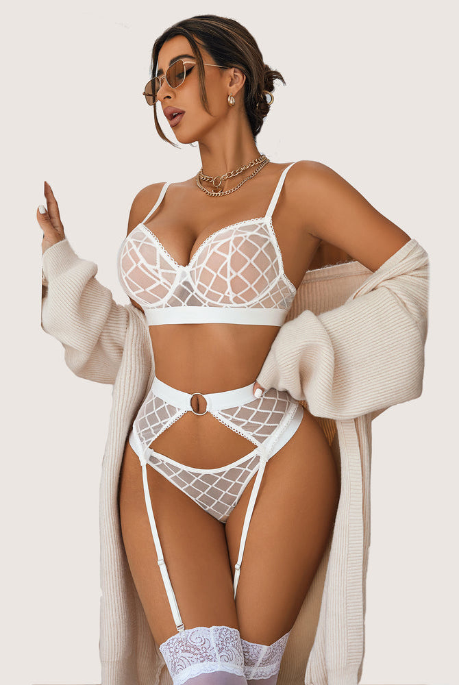 Sheer mesh bra and panty set with garter belt, white lattice pattern, front view