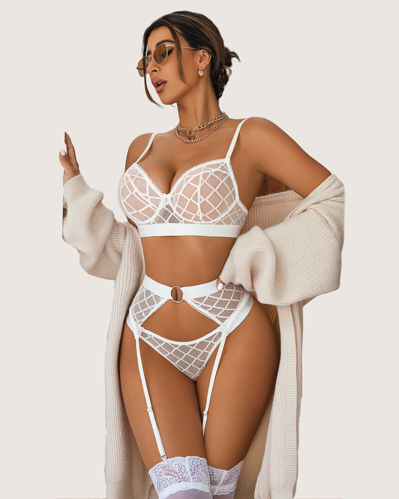 White sheer mesh lingerie set with garter belt, bra, and panty. Sexy and comfortable design.