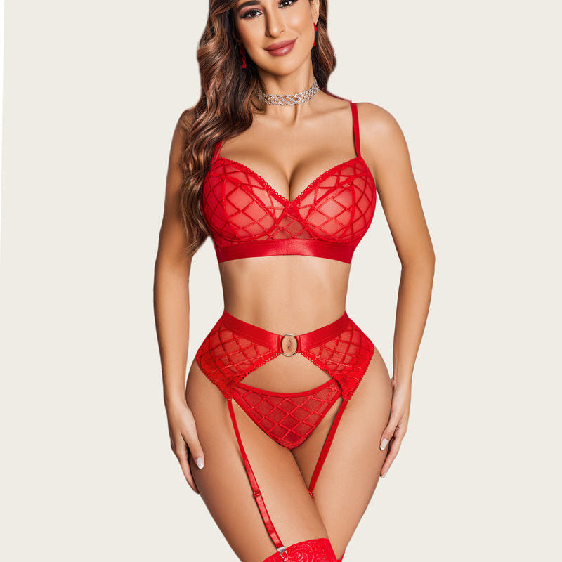 Red sheer mesh bra, garter belt, and matching panty set with adjustable straps