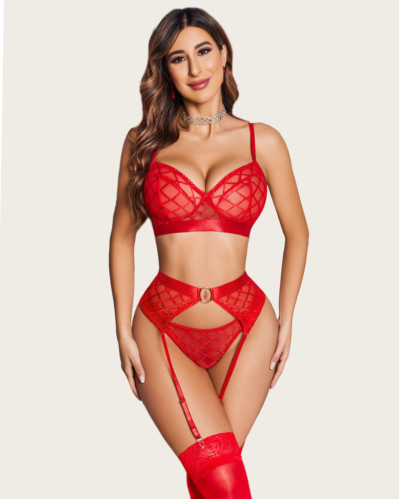 Red mesh lingerie set with garter belt. Sexy and comfortable design, perfect for a lingerie party.