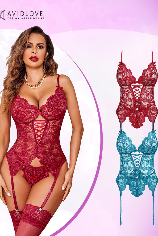 Avidlove 2 Pack Lace Lingerie Sets in red, blue, floral lace, deep V halter neck with garter belt