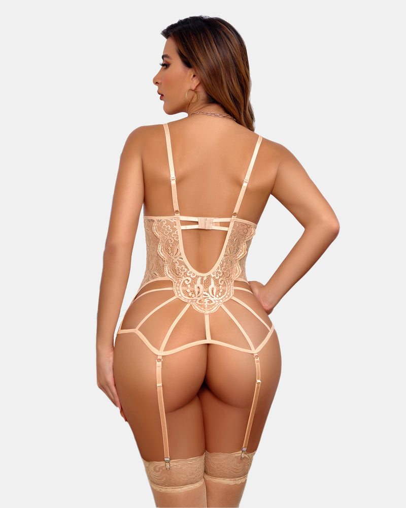 Backless beige lace lingerie set with garter belts. Sexy floral lace halter neck design.