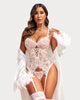 White lace lingerie set with garter belts, and satin robe, sexy lingerie.