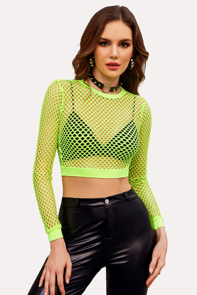 Neon green fishnet long sleeve crop top with black leather pants. Sexy lingerie for women.