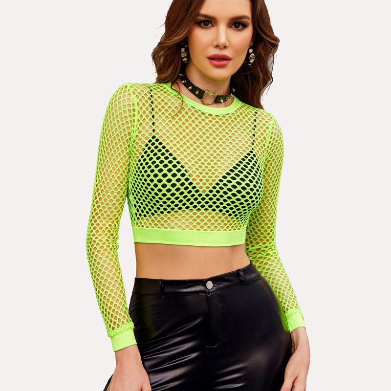 Neon green fishnet long sleeve crop top with black leather pants. Sexy lingerie for women.