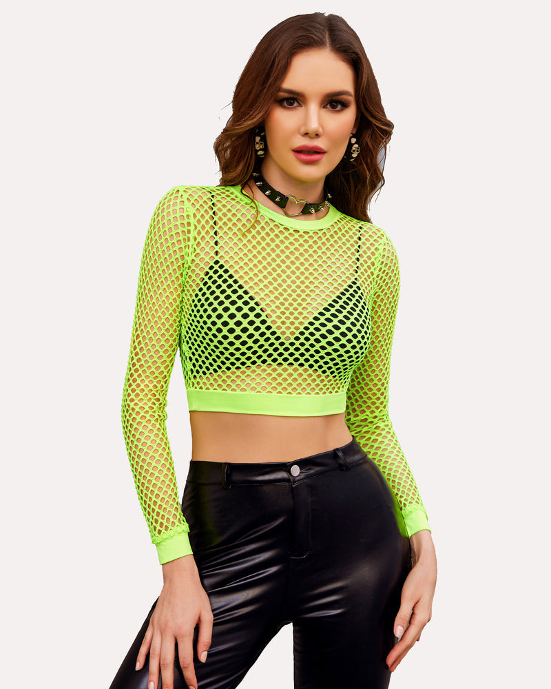 Neon green fishnet long sleeve crop top with black leather pants. Sexy lingerie for women.
