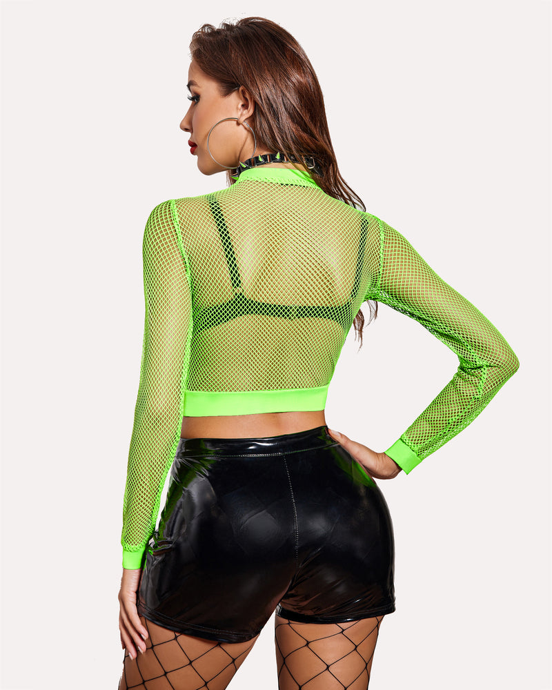Neon green fishnet crop top, black leather shorts, and fishnet stockings. Sexy lingerie.