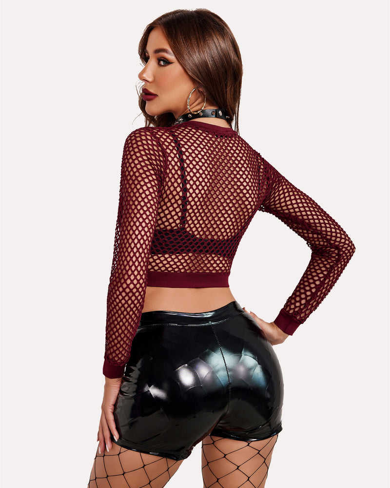 Burgundy fishnet crop top with black leather shorts. Sexy lingerie for women.