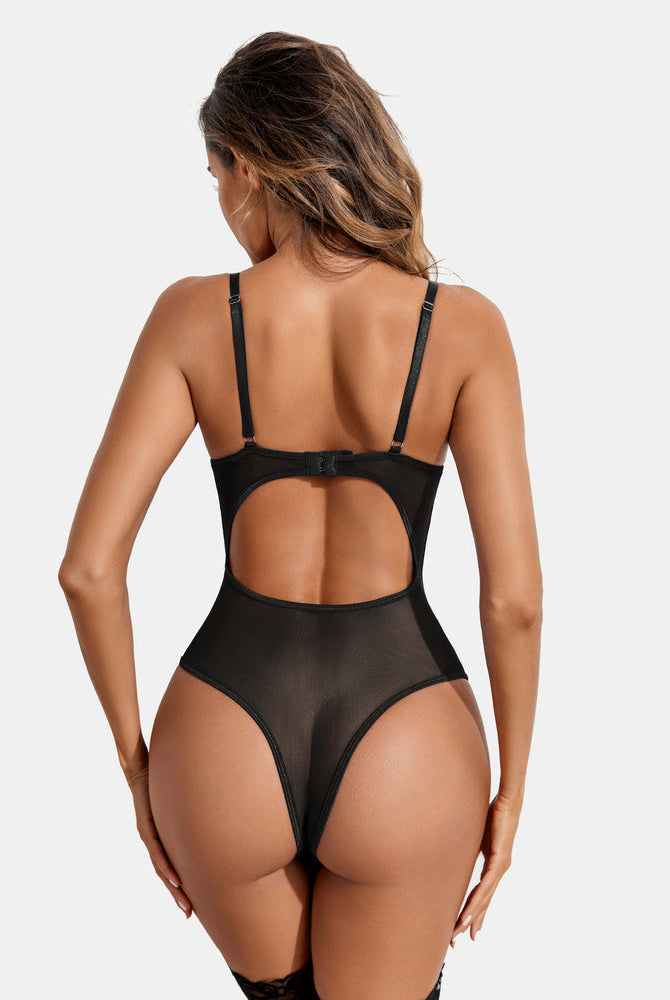 Avidlove black garter bodysuit: sheer mesh, high-cut design, adjustable straps, lingerie product.