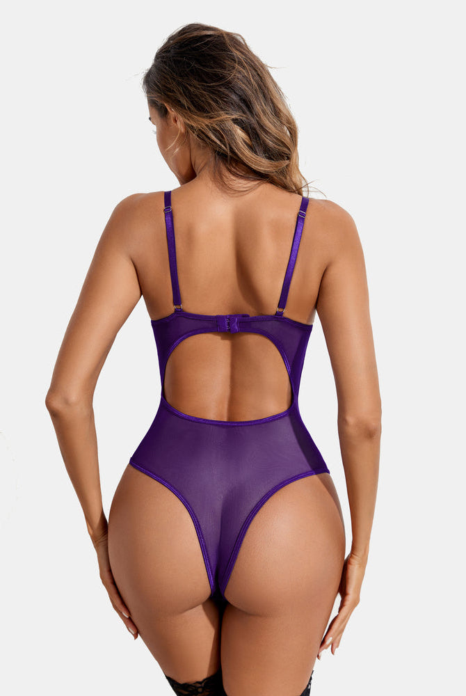 Purple garter teddy. High-cut design, adjustable straps, and sheer mesh. Avidlove lingerie bodysuit.