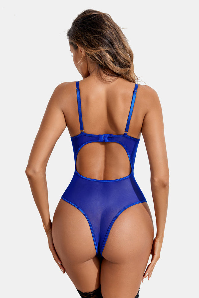 Avidlove blue garter teddy set: high-cut design, adjustable straps, and sheer mesh. Sexy lingerie.