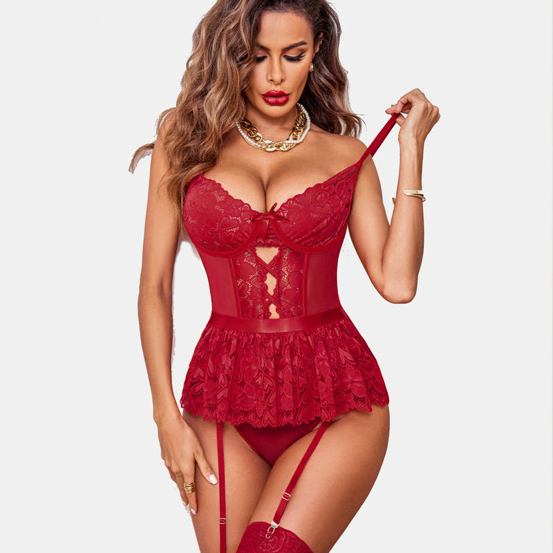 Red lace garter teddy set, underwire corset, high-cut design, adjustable straps, garter belts.