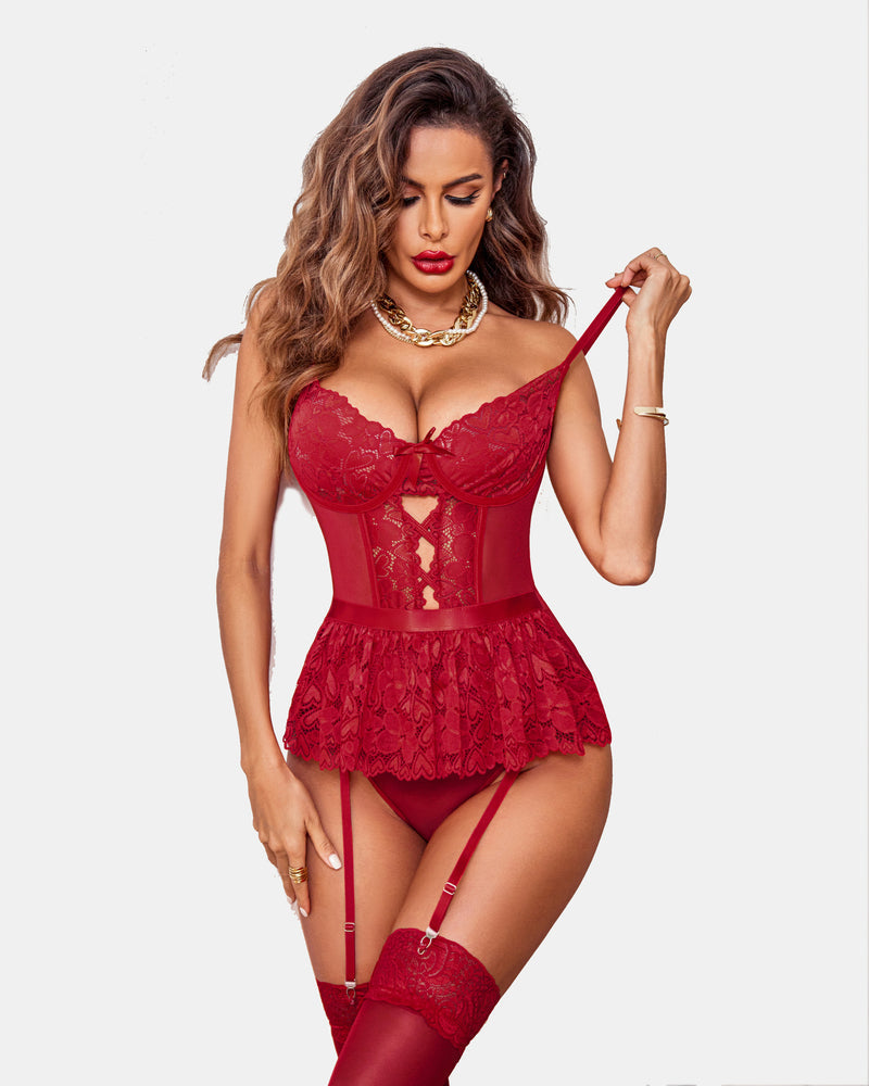Red lace strappy teddy with garter belt, ruffled skirt, and high cut design. Sexy Avidlove lingerie.
