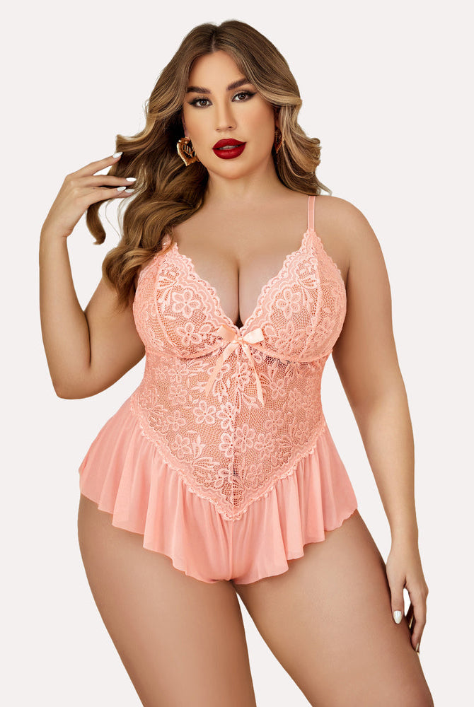 Plus size peach lace teddy bodysuit with adjustable straps and ruffle hem, for women