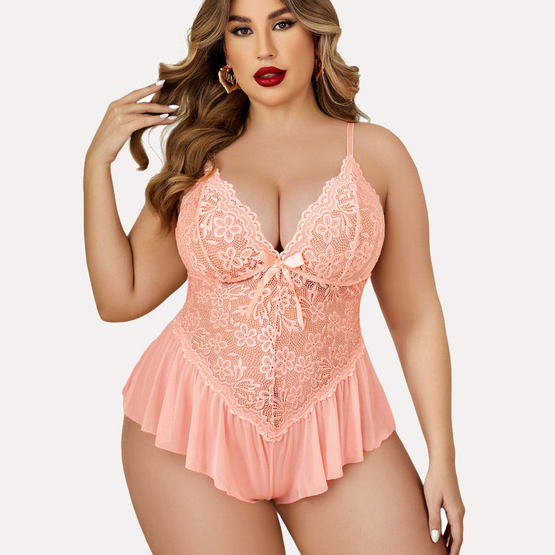 Plus size peach lace teddy bodysuit with adjustable straps and ruffle hem, for women