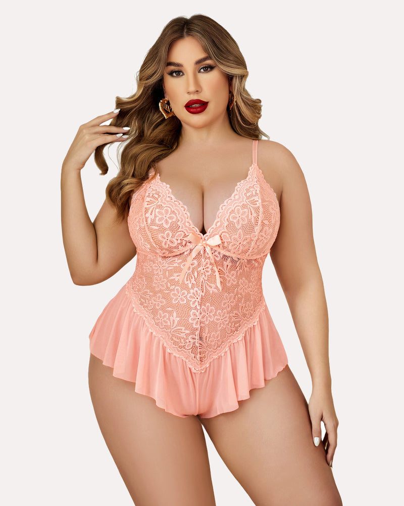 Plus size peach lace teddy bodysuit with adjustable straps and ruffle hem, for women