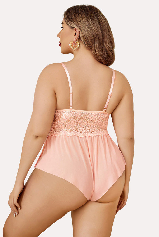 Peach lace plus size teddy bodysuit with adjustable straps. Comfortable and sexy lingerie for women.