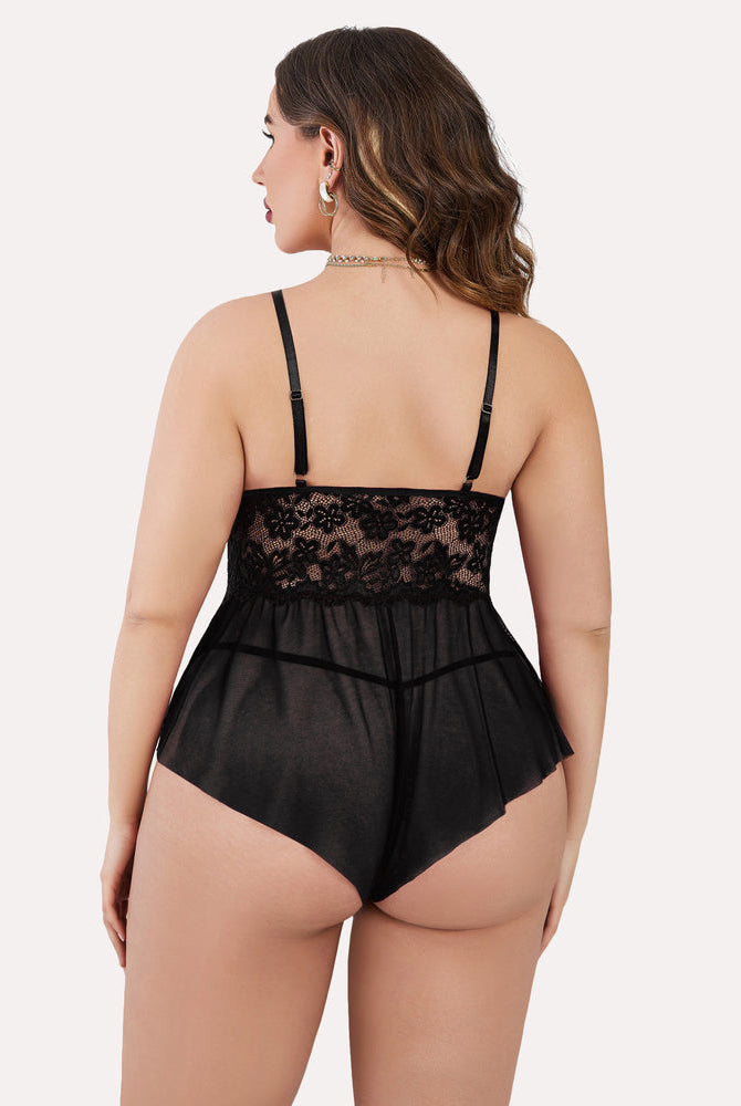Plus size black lace teddy bodysuit with adjustable straps and elegant design for women