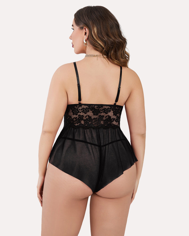 Plus size black lace teddy bodysuit with adjustable straps and elegant design for women