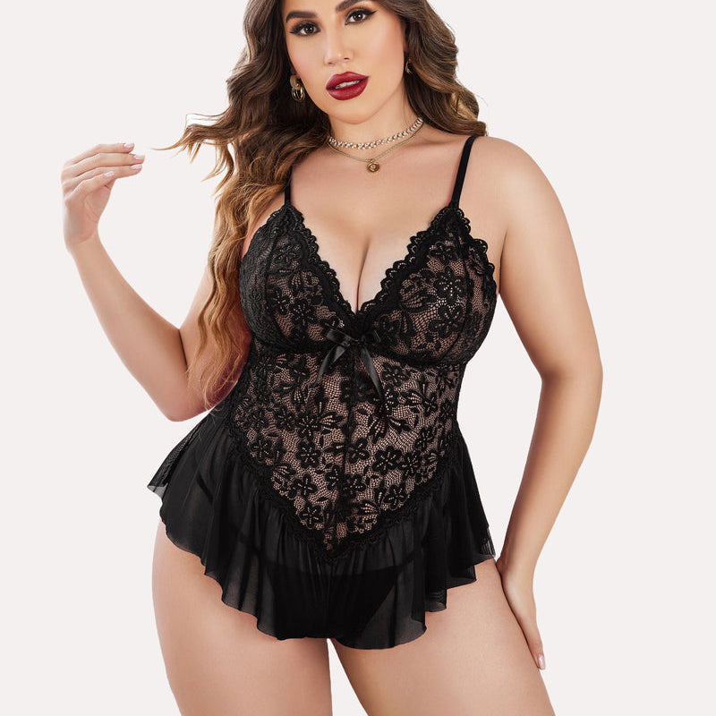 Plus size black lace teddy bodysuit with adjustable straps and ruffle trim