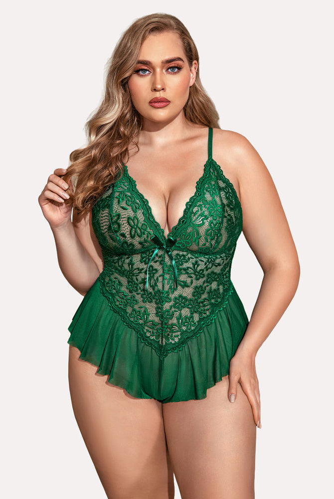 Plus size emerald green lace teddy bodysuit, adjustable straps, ruffle trim, sexy lingerie