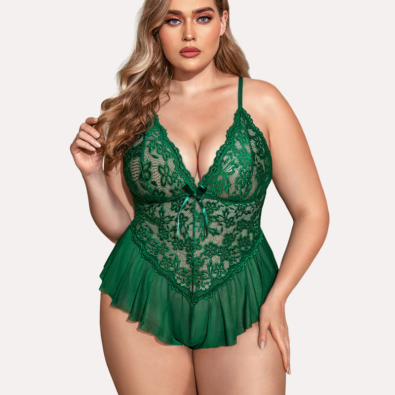 Plus size emerald green lace teddy bodysuit, adjustable straps, ruffle trim, sexy lingerie