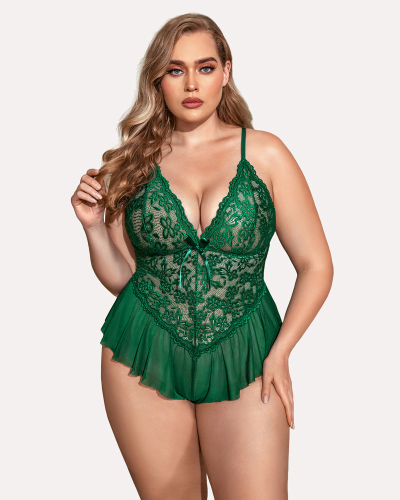 Plus size emerald green lace teddy bodysuit, adjustable straps, ruffle trim, sexy lingerie