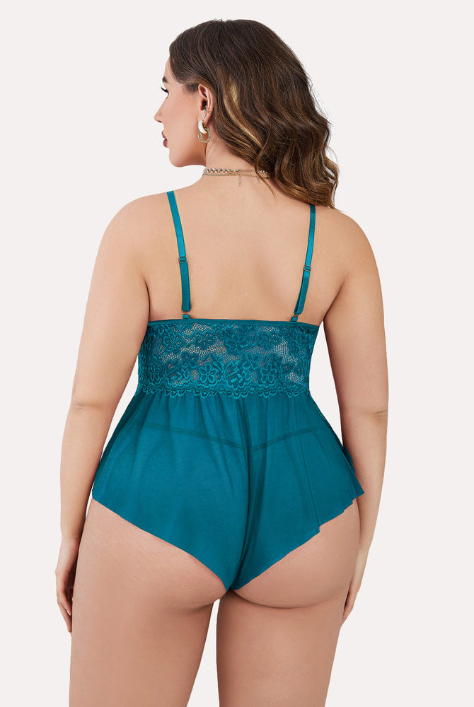 Plus size teal lace teddy bodysuit with adjustable straps and ruffle hem, perfect for women