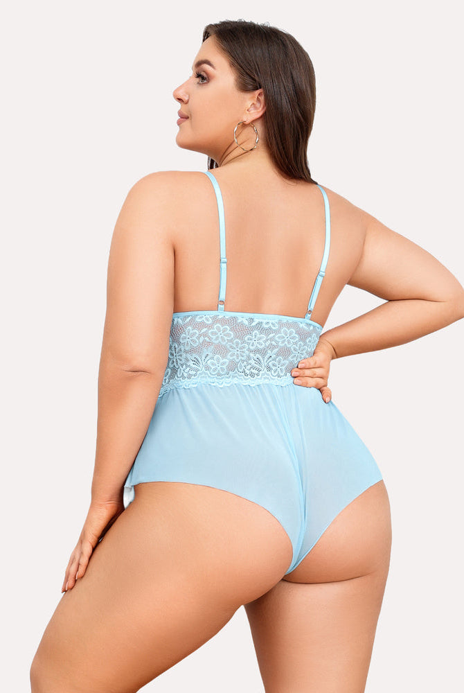 Plus size light blue lace teddy bodysuit, featuring adjustable straps and floral lace detail