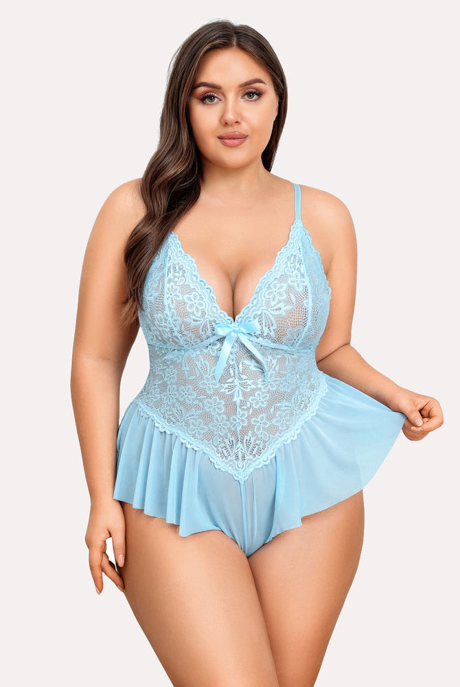 Plus size baby blue lace teddy bodysuit with adjustable straps and ruffle trim, sexy lingerie