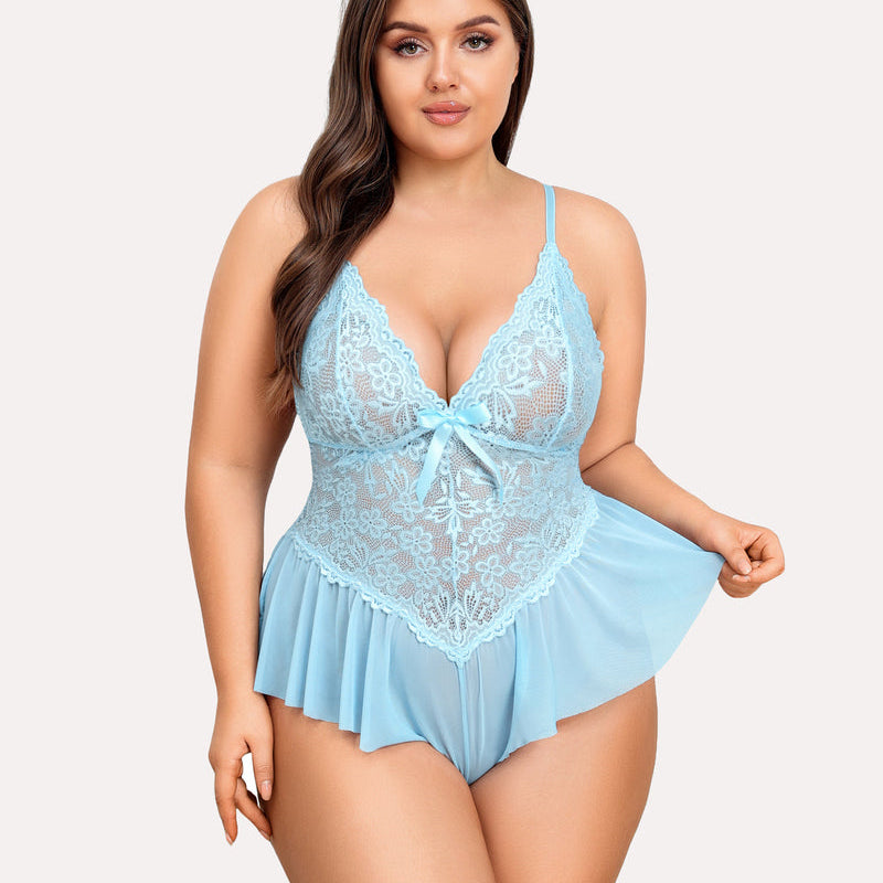 Plus size baby blue lace teddy bodysuit with adjustable straps and ruffle trim, sexy lingerie