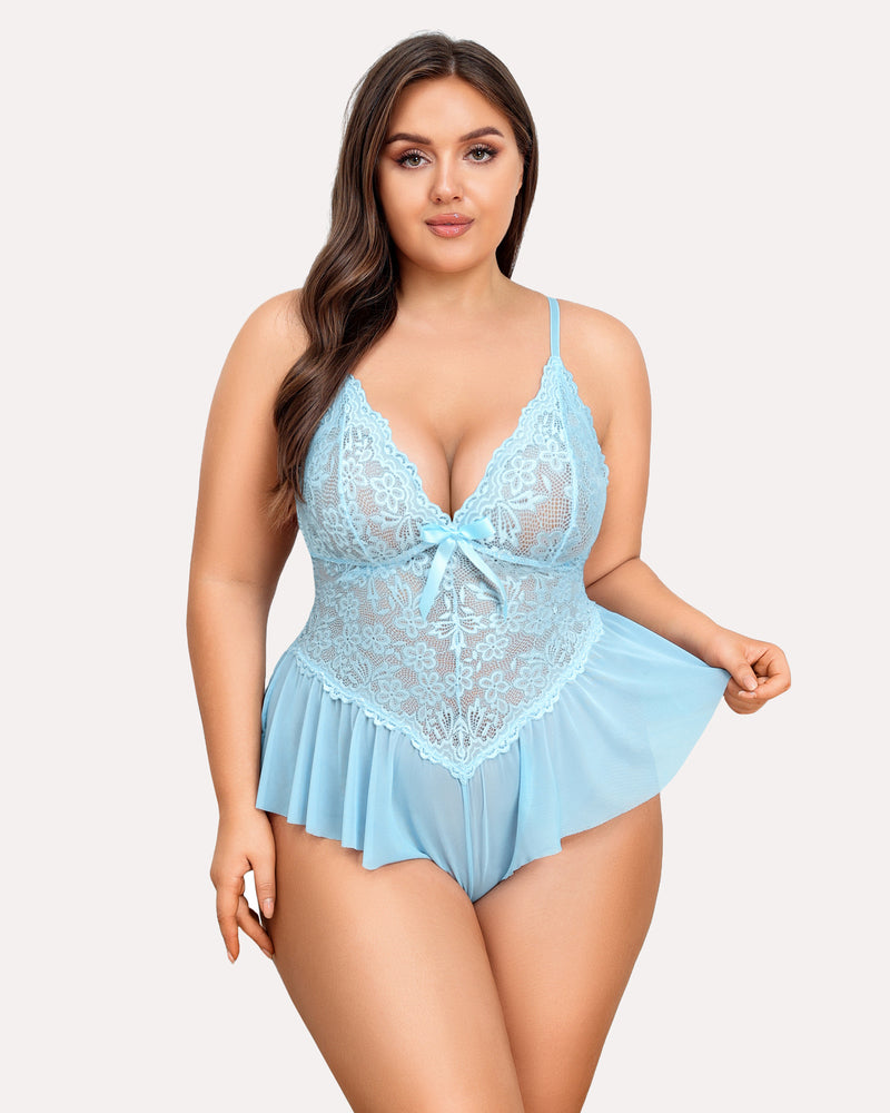Plus size baby blue lace teddy bodysuit with adjustable straps and ruffle trim, sexy lingerie