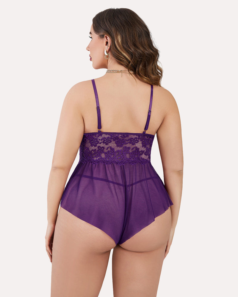 Plus size purple lace teddy bodysuit with adjustable straps and ruffle trim.