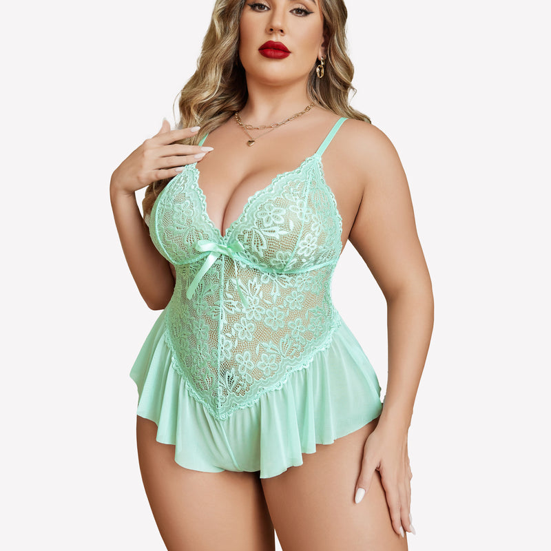 Plus size mint green lace bodysuit with adjustable straps, featuring floral lace and ruffle skirt.