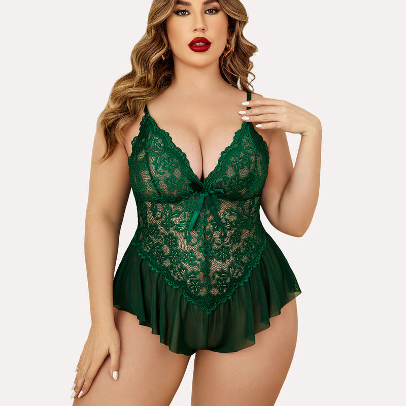 Plus size emerald green lace teddy bodysuit with adjustable straps and ruffle trim