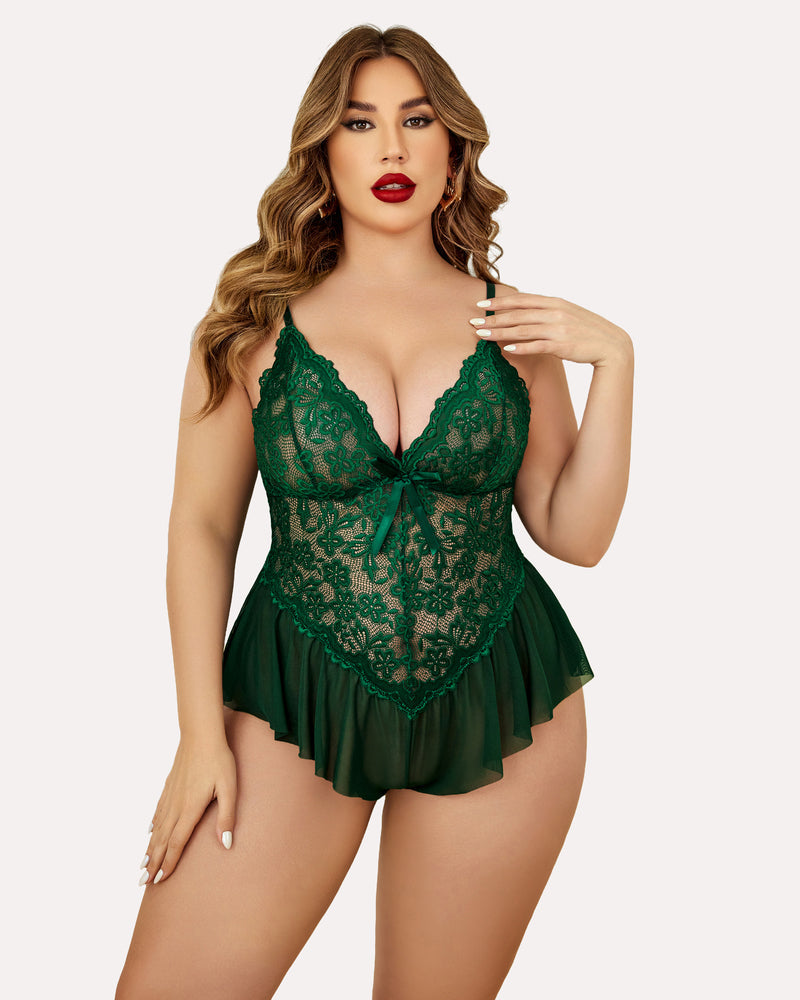 Plus size emerald green lace teddy bodysuit with adjustable straps and ruffle trim