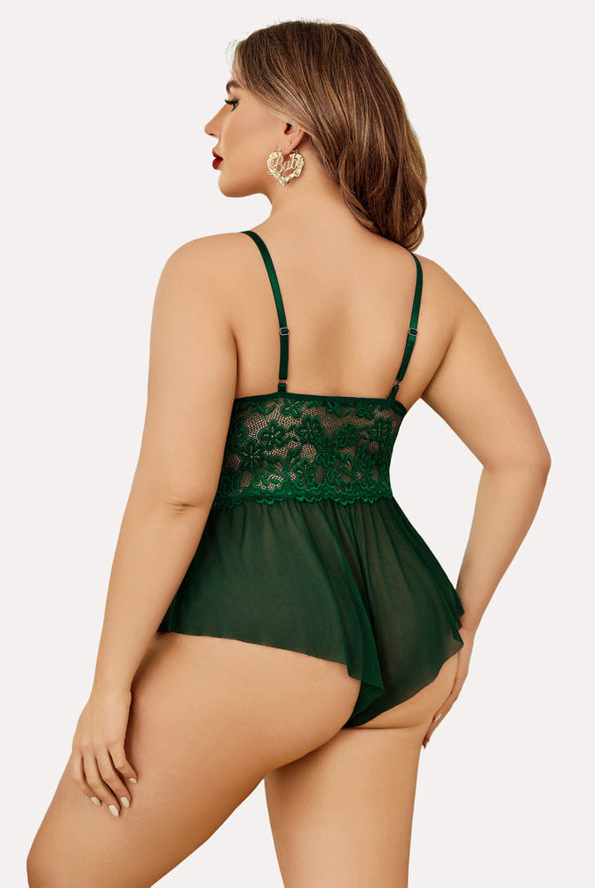 Plus size emerald green lace teddy bodysuit with adjustable straps and ruffle trim, sexy lingerie