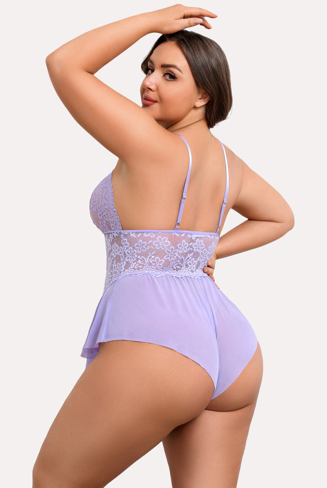Plus size lavender lace teddy bodysuit with adjustable straps and ruffle trim, lingerie for women.