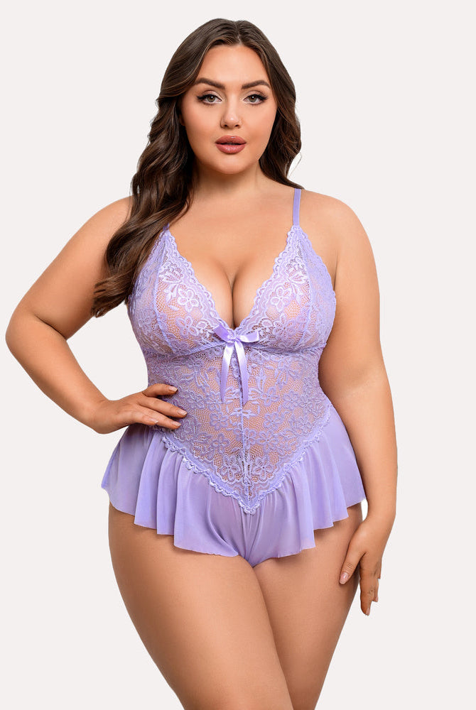 Plus Size Lilac Lace Teddy Bodysuit with Ruffle Trim and Adjustable Straps