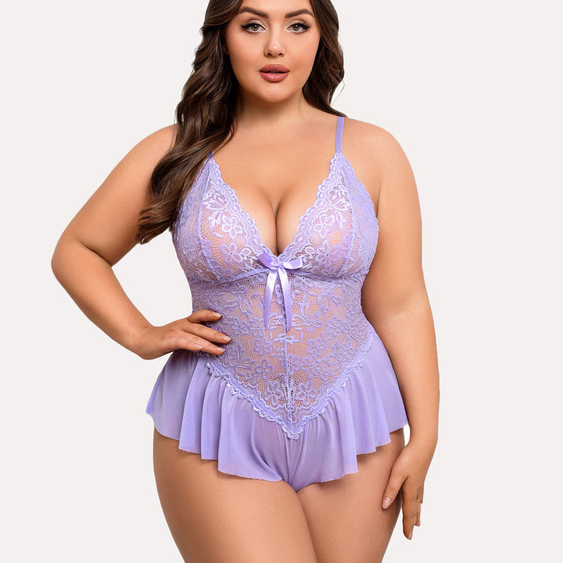 Plus Size Lilac Lace Teddy Bodysuit with Ruffle Trim and Adjustable Straps