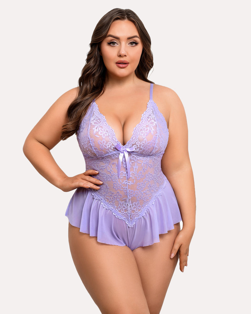 Plus Size Lilac Lace Teddy Bodysuit with Ruffle Trim and Adjustable Straps