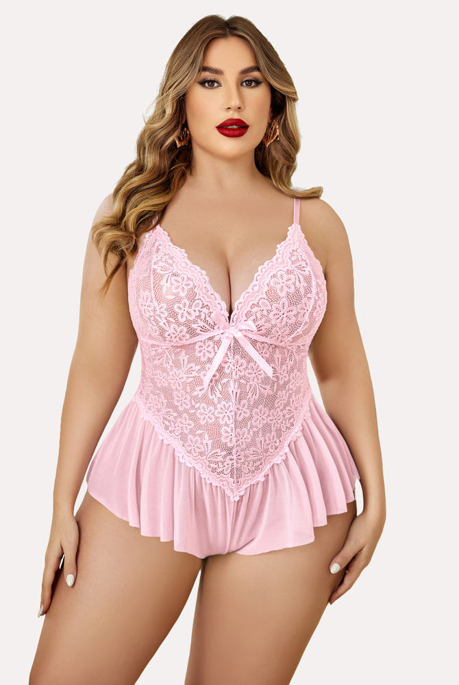 Plus size pink lace teddy bodysuit with adjustable straps and ruffle hem for women