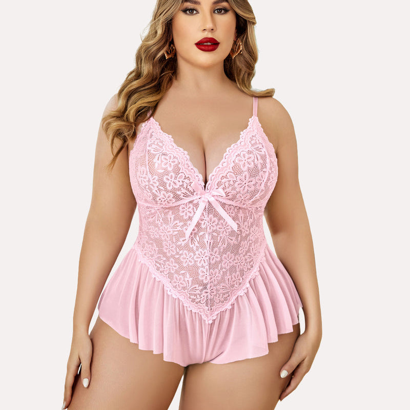 Plus size pink lace teddy bodysuit with adjustable straps and ruffle hem for women